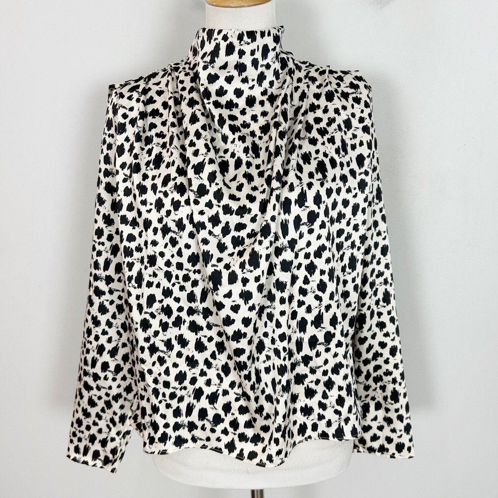 Zara Womens XS Black White Abstract Animal Print Draped High Neck Blouse Top